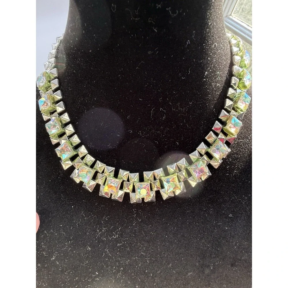 J.Crew Crystal Grid Chain‎ Statement Necklace Iridescent Silver Rhodium Plated